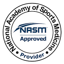 Logotipo de la NASM con el texto "National Academy of Sports Medicine Approved Provider" sobre fondo blanco